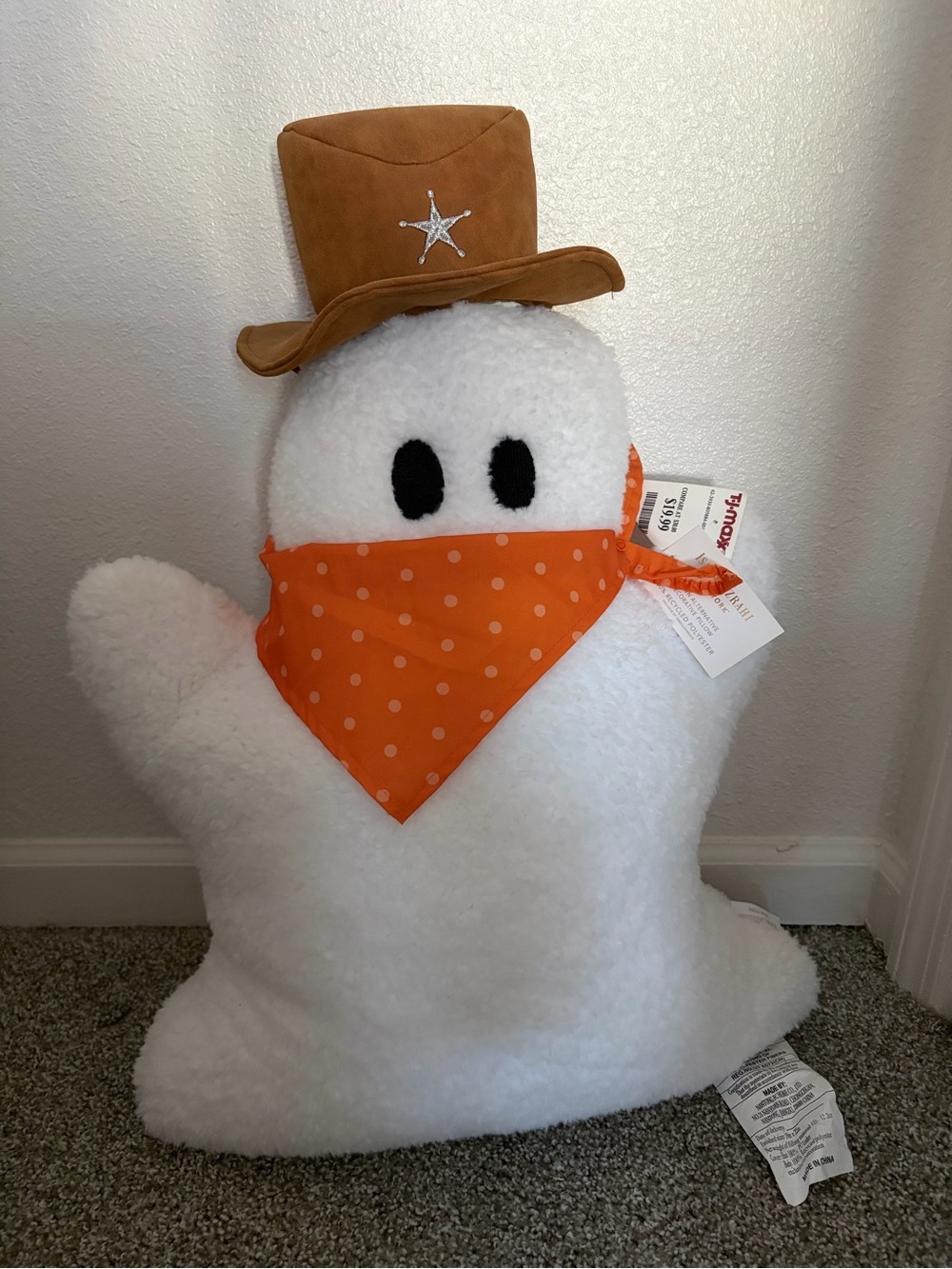 T.J.Maxx White Ghost Accent Pillow with Orange Polka Bandana and Tan Cowboy Hat